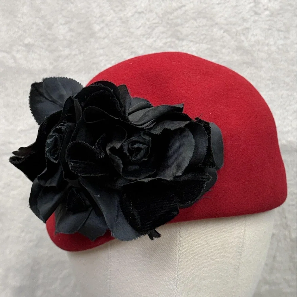 VTG Mr Charles Hat Fascinator Womens Red Michael Howard Wool Ruffle Derby Church